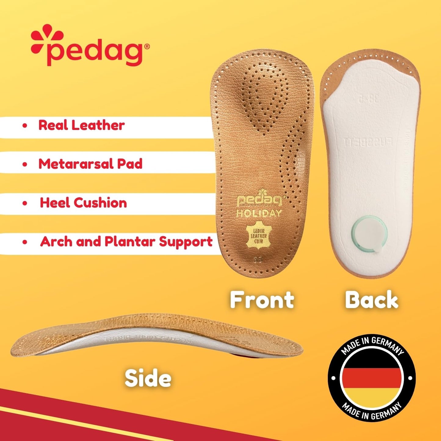 pedag Holiday Orthotic Inserts | 3/4 Length, Thin Leather, Ultra Light, Semi-Rigid Shoe Insoles with Metatarsal Pad & Heel Cushion