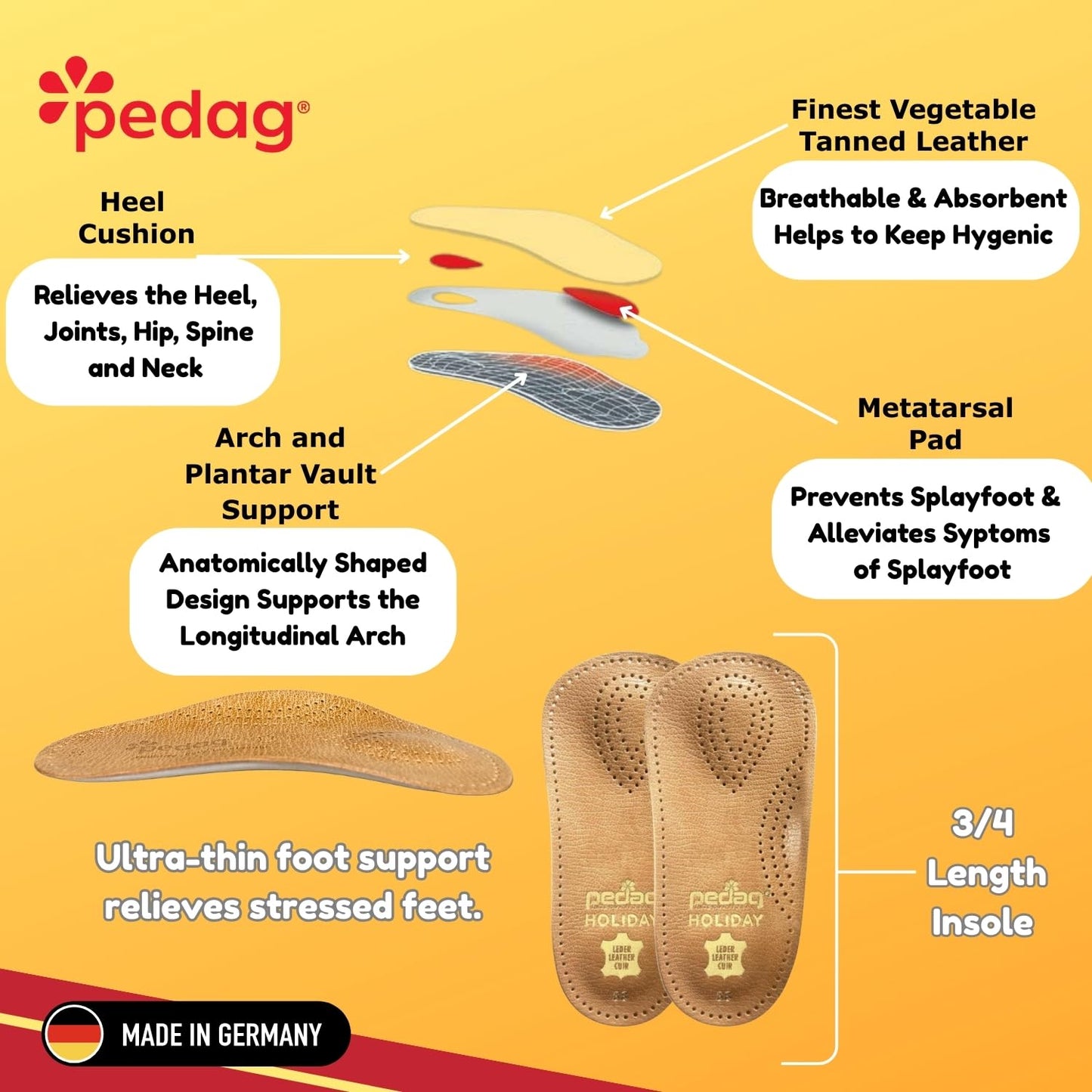 pedag Holiday Orthotic Inserts | 3/4 Length, Thin Leather, Ultra Light, Semi-Rigid Shoe Insoles with Metatarsal Pad & Heel Cushion