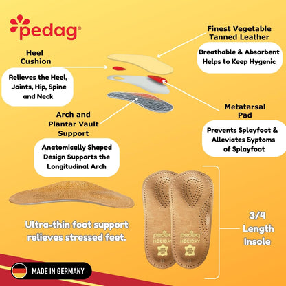 pedag Holiday Orthotic Inserts | 3/4 Length, Thin Leather, Ultra Light, Semi-Rigid Shoe Insoles with Metatarsal Pad & Heel Cushion