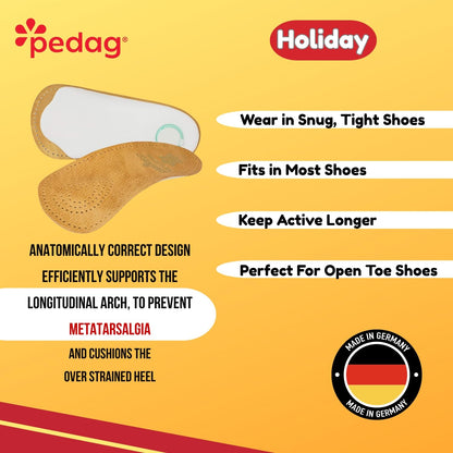 pedag Holiday Orthotic Inserts | 3/4 Length, Thin Leather, Ultra Light, Semi-Rigid Shoe Insoles with Metatarsal Pad & Heel Cushion