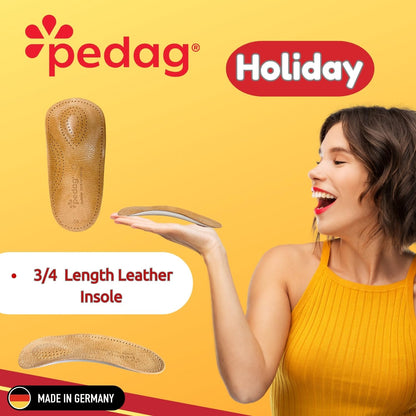 pedag Holiday Orthotic Inserts | 3/4 Length, Thin Leather, Ultra Light, Semi-Rigid Shoe Insoles with Metatarsal Pad & Heel Cushion