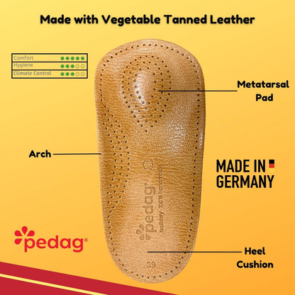 pedag Holiday Orthotic Inserts | 3/4 Length, Thin Leather, Ultra Light, Semi-Rigid Shoe Insoles with Metatarsal Pad & Heel Cushion